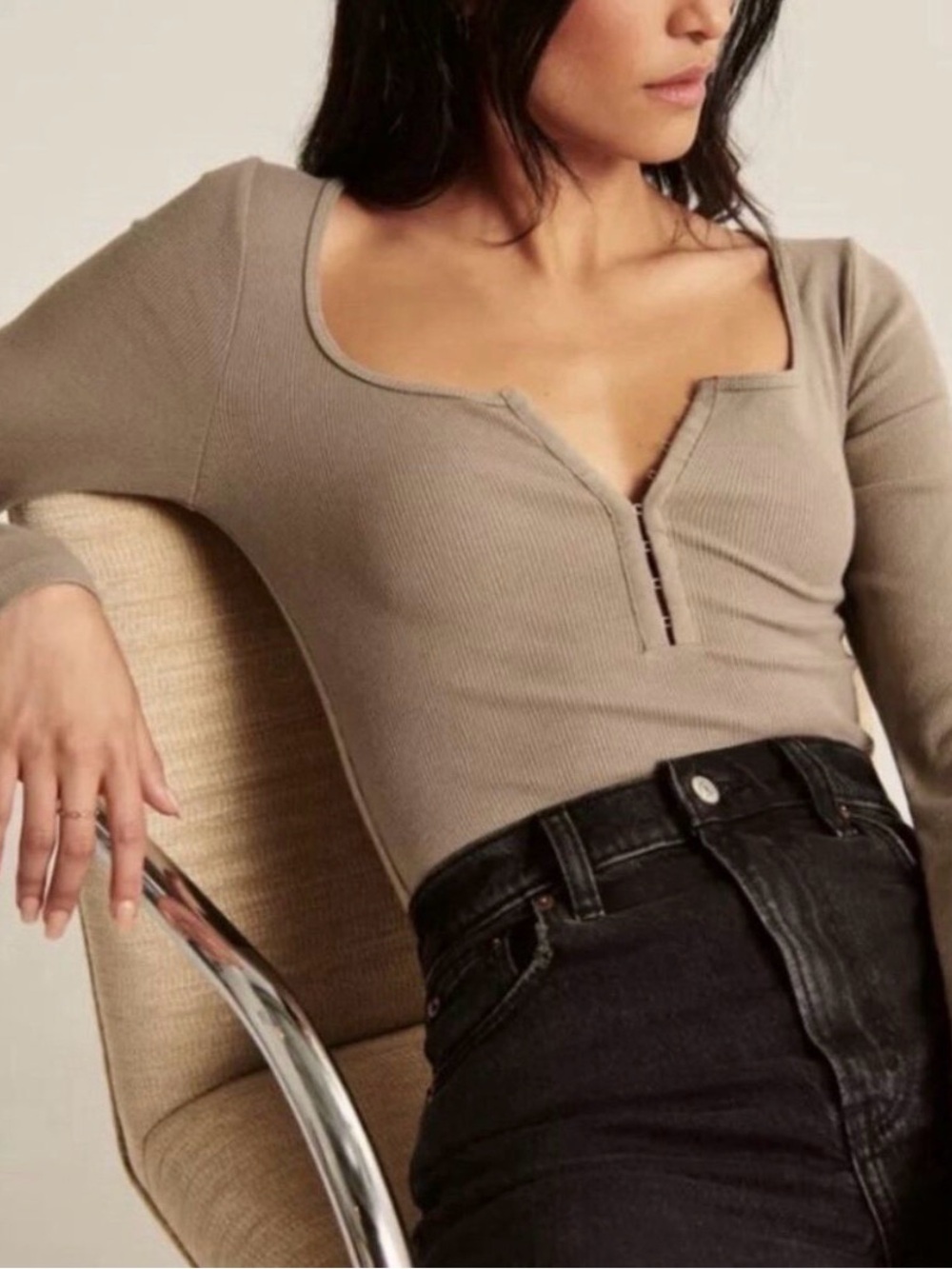 Abercrombie & Fitch Ribbed Square-Neck Long Sleeve Top in Taupe
